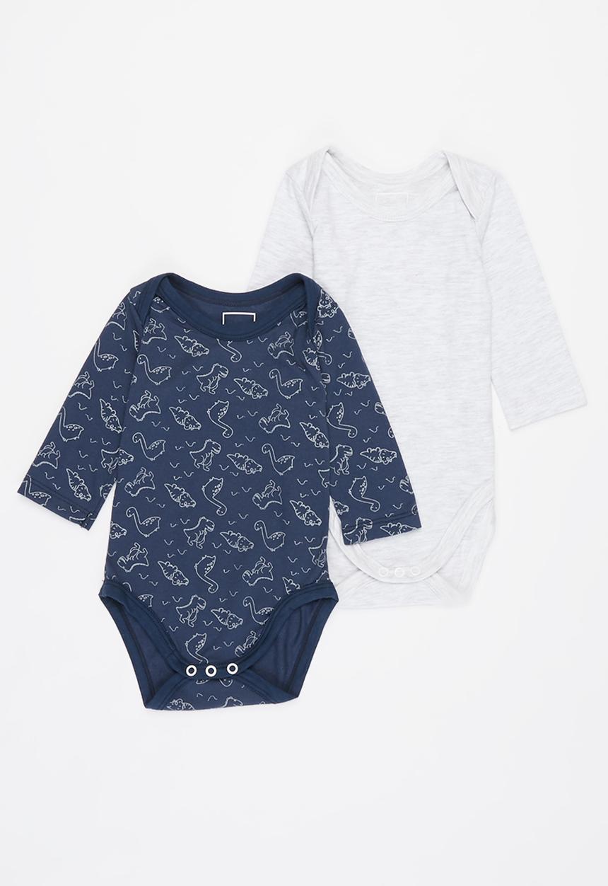 Pop Candy - Baby boys 2 pack babygrow - grey & navy 