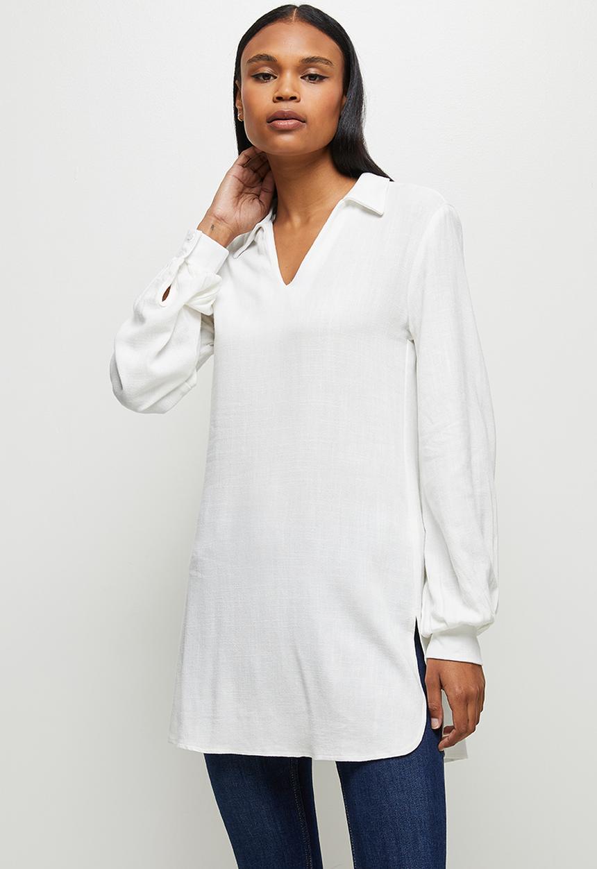 edit - Longline collared linen shirt - milk