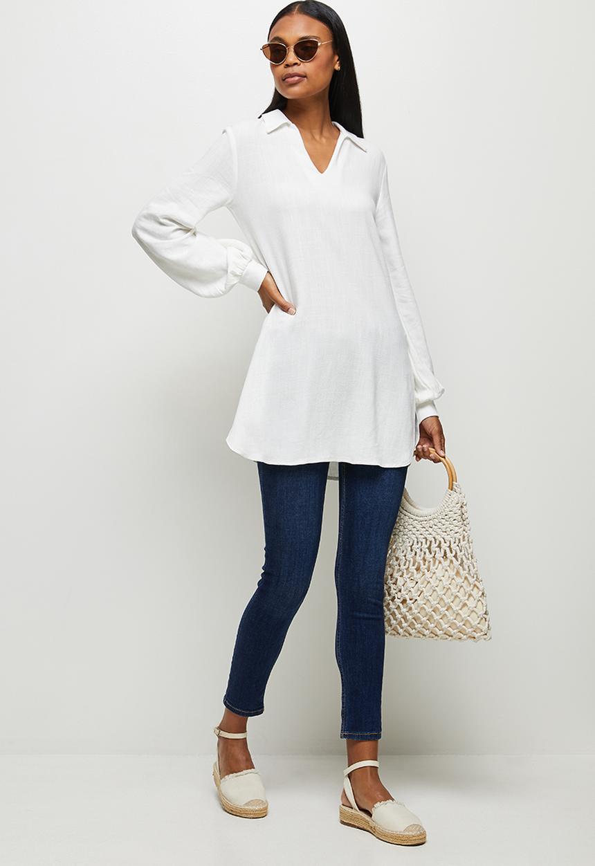 edit - Longline collared linen shirt - milk