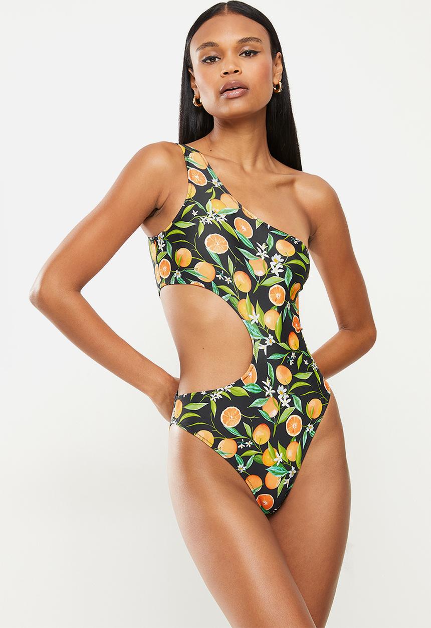 Missguided - Orange print one shoulder swimsuit - multi