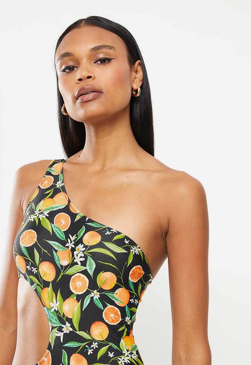 Missguided - Orange print one shoulder swimsuit - multi