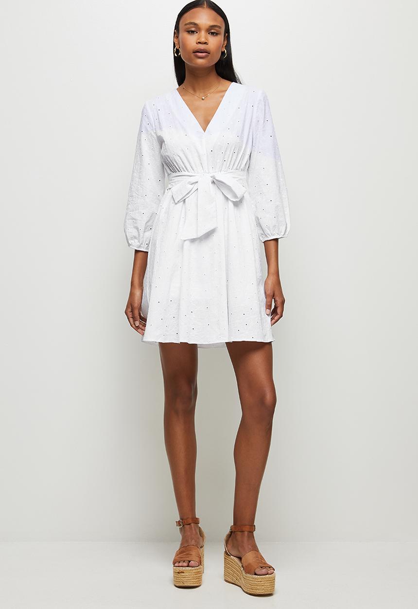MILLA - Anglaise balloon sleeve mini dress - white