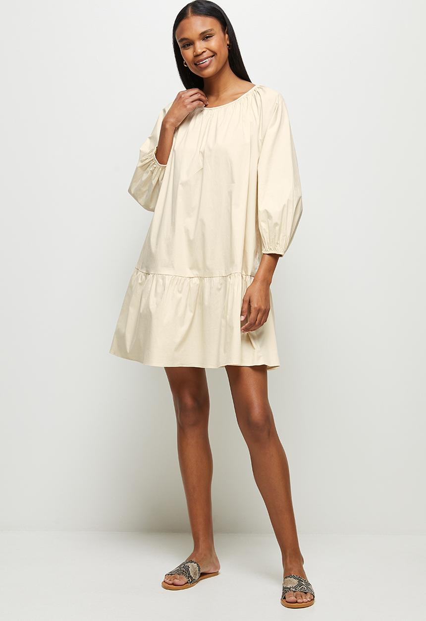 MILLA - Drop waisted gauged neck mini dress - neutral
