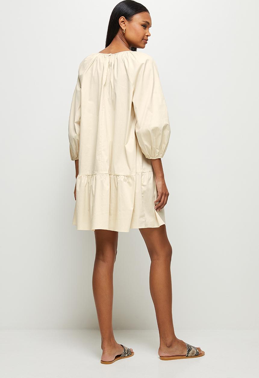 MILLA - Drop waisted gauged neck mini dress - neutral