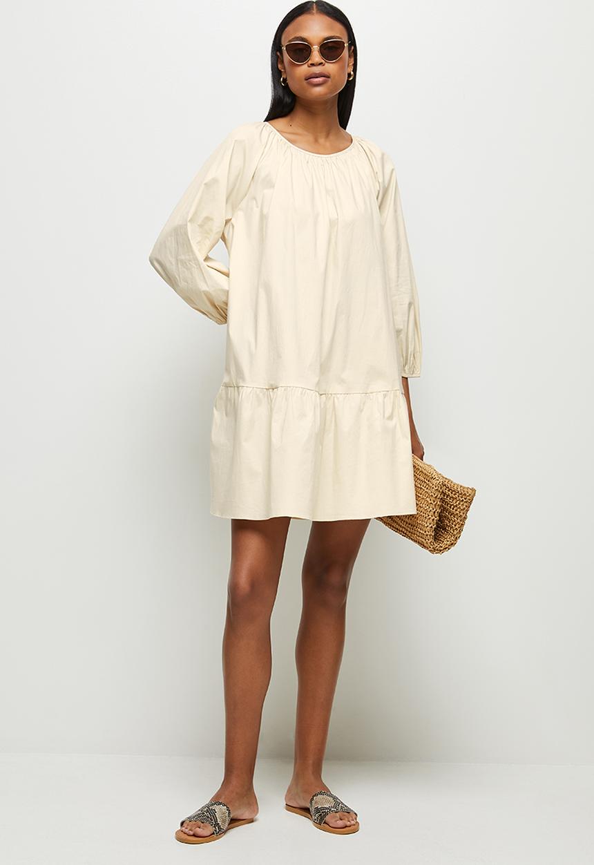 MILLA - Drop waisted gauged neck mini dress - neutral