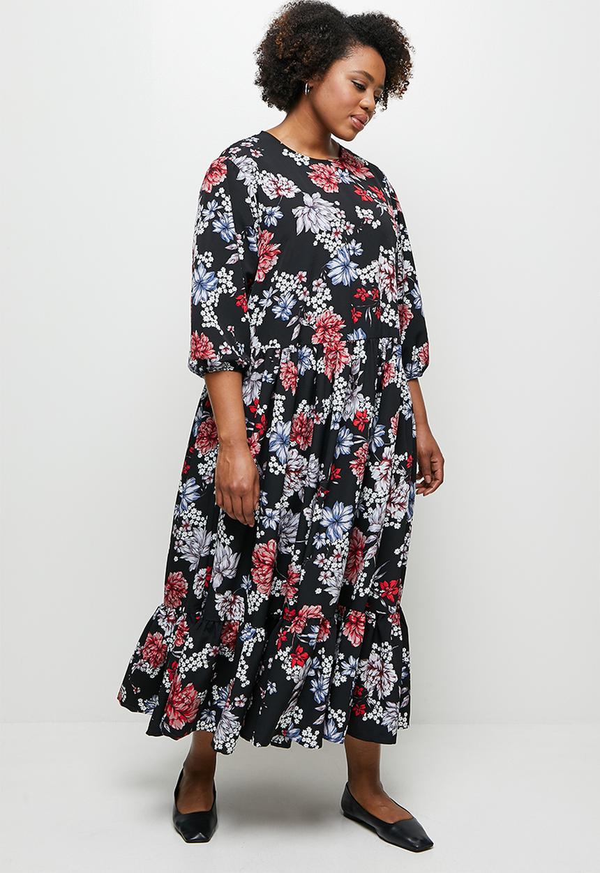 edit Plus - Balloon sleeve drop waist dress - black 