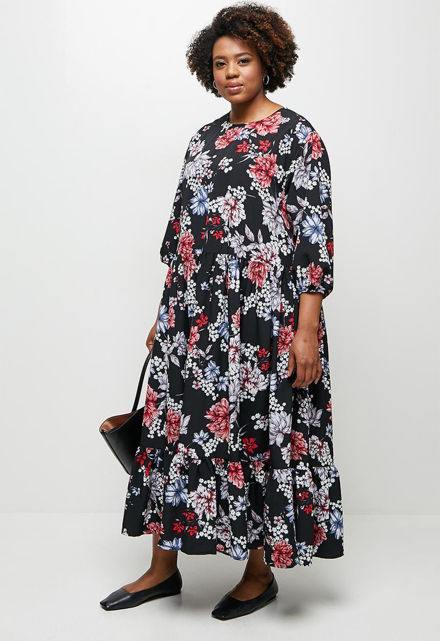 edit Plus - Balloon sleeve drop waist dress - black 