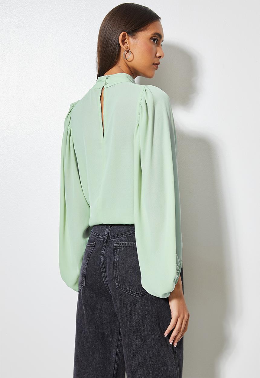 VELVET - Turtle neck woven blouse with draped sleeve - green 