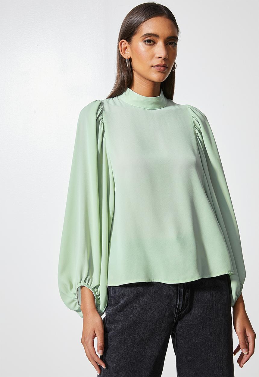 VELVET - Turtle neck woven blouse with draped sleeve - green 