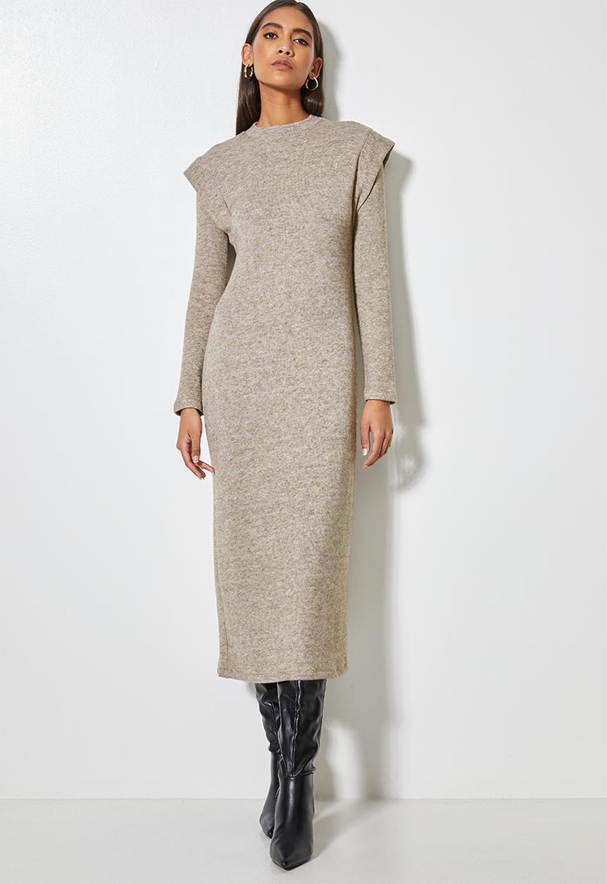 VELVET - Brushed soft touch power shoulder column midi dress - mocca melange