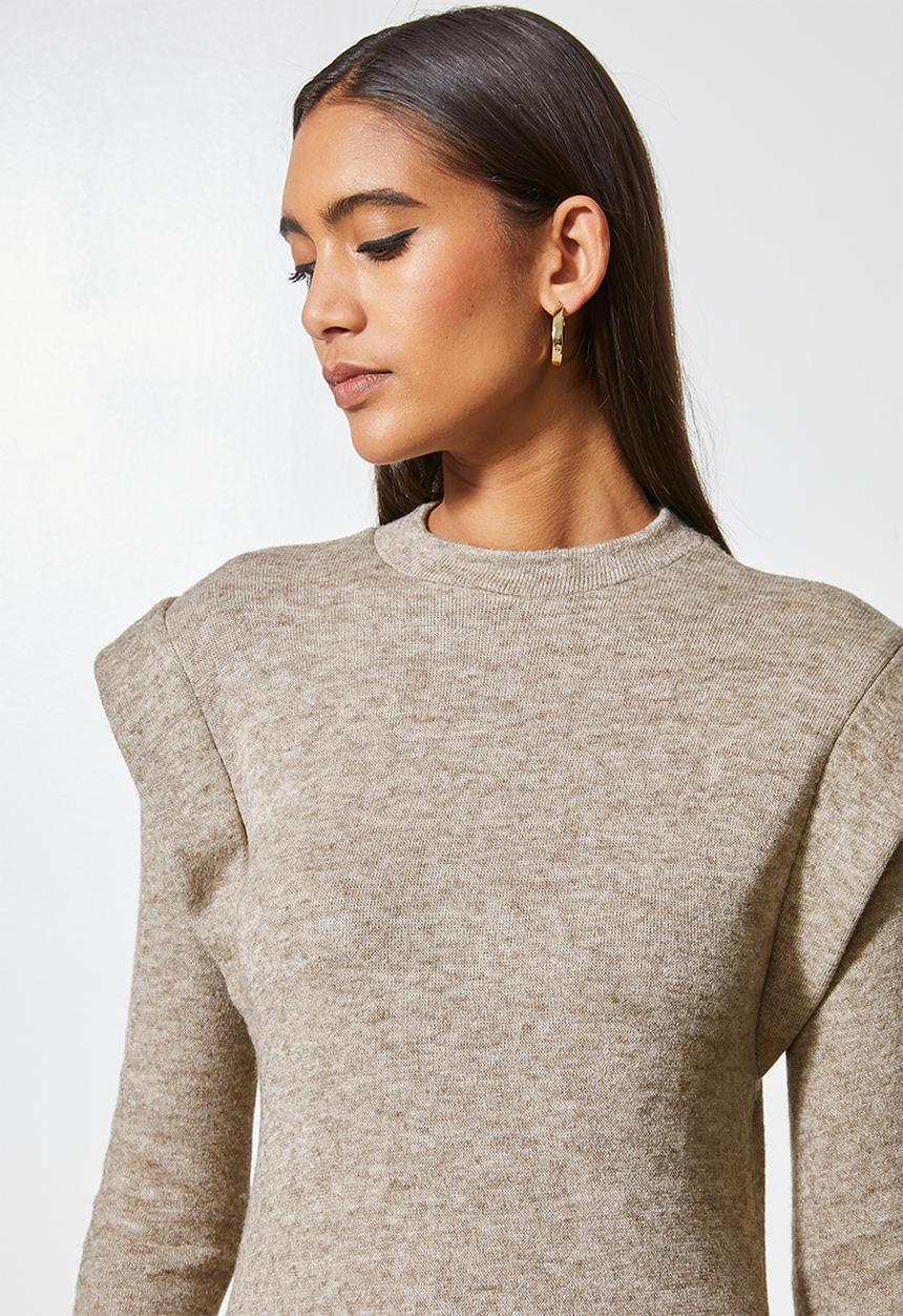 VELVET - Brushed soft touch power shoulder column midi dress - mocca melange