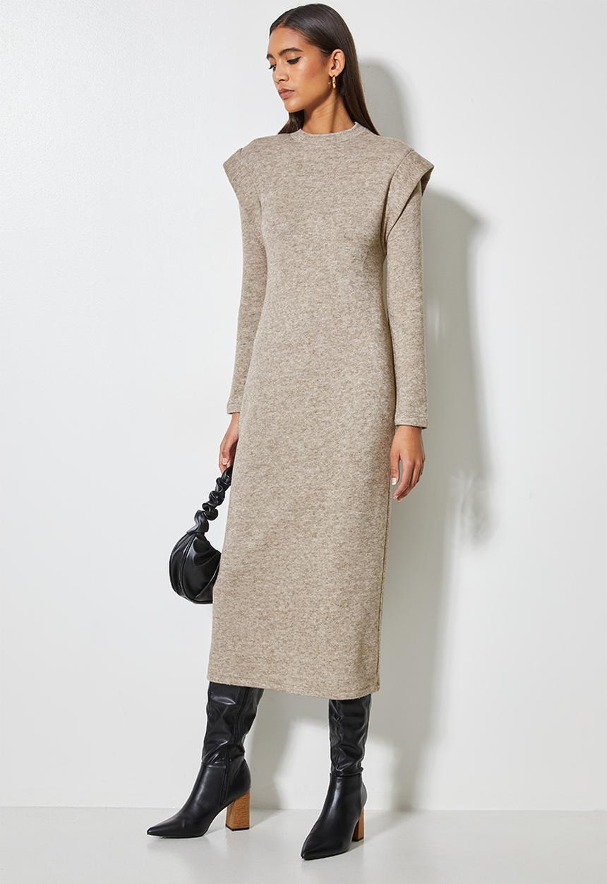 VELVET - Brushed soft touch power shoulder column midi dress - mocca melange