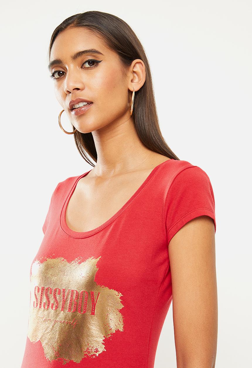 SISSY BOY - Masterpiece: basic round neck, cap sleeve top with foil logo - red