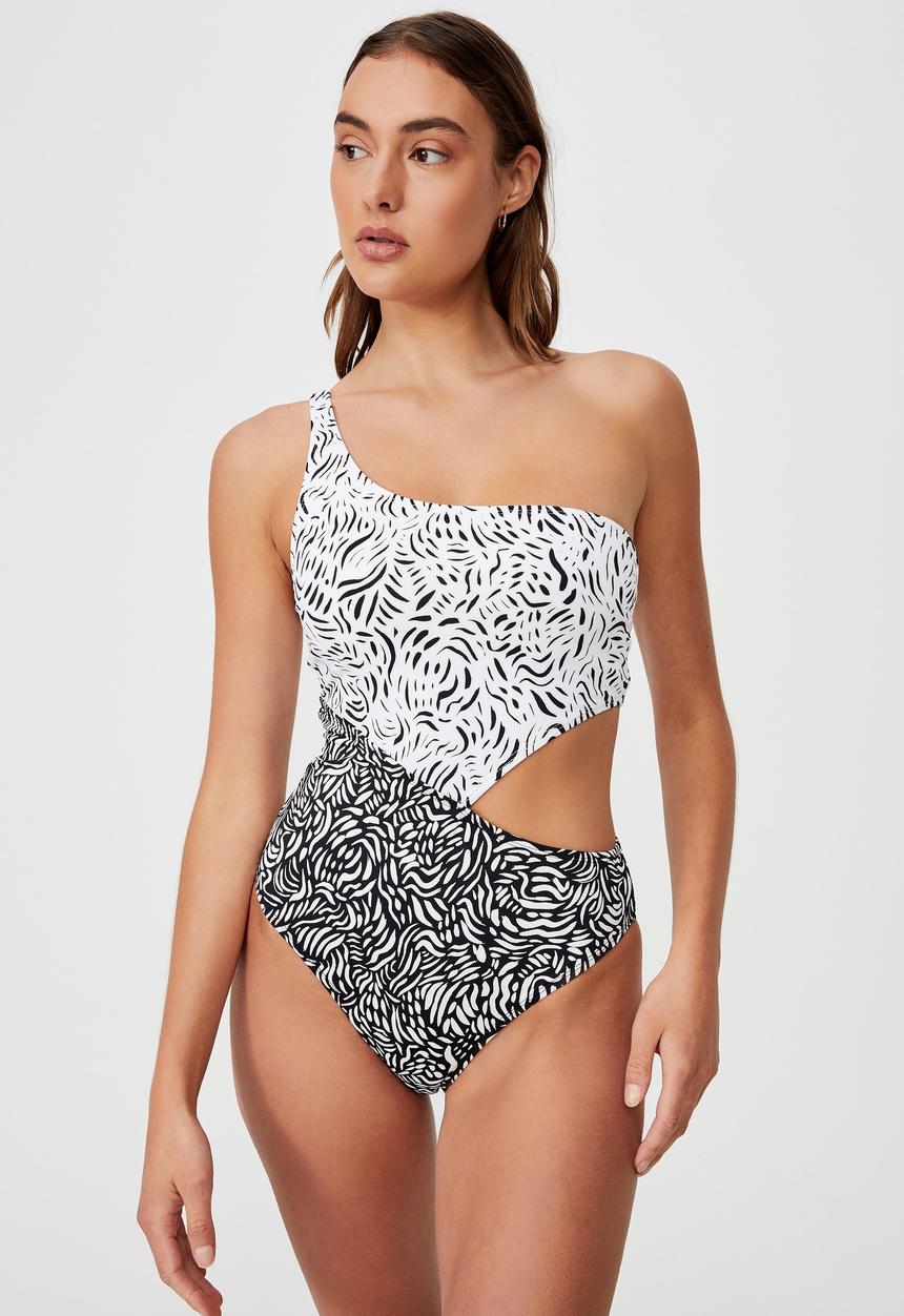Cotton On - One shoulder one piece brazilian - wildest speckle white/black