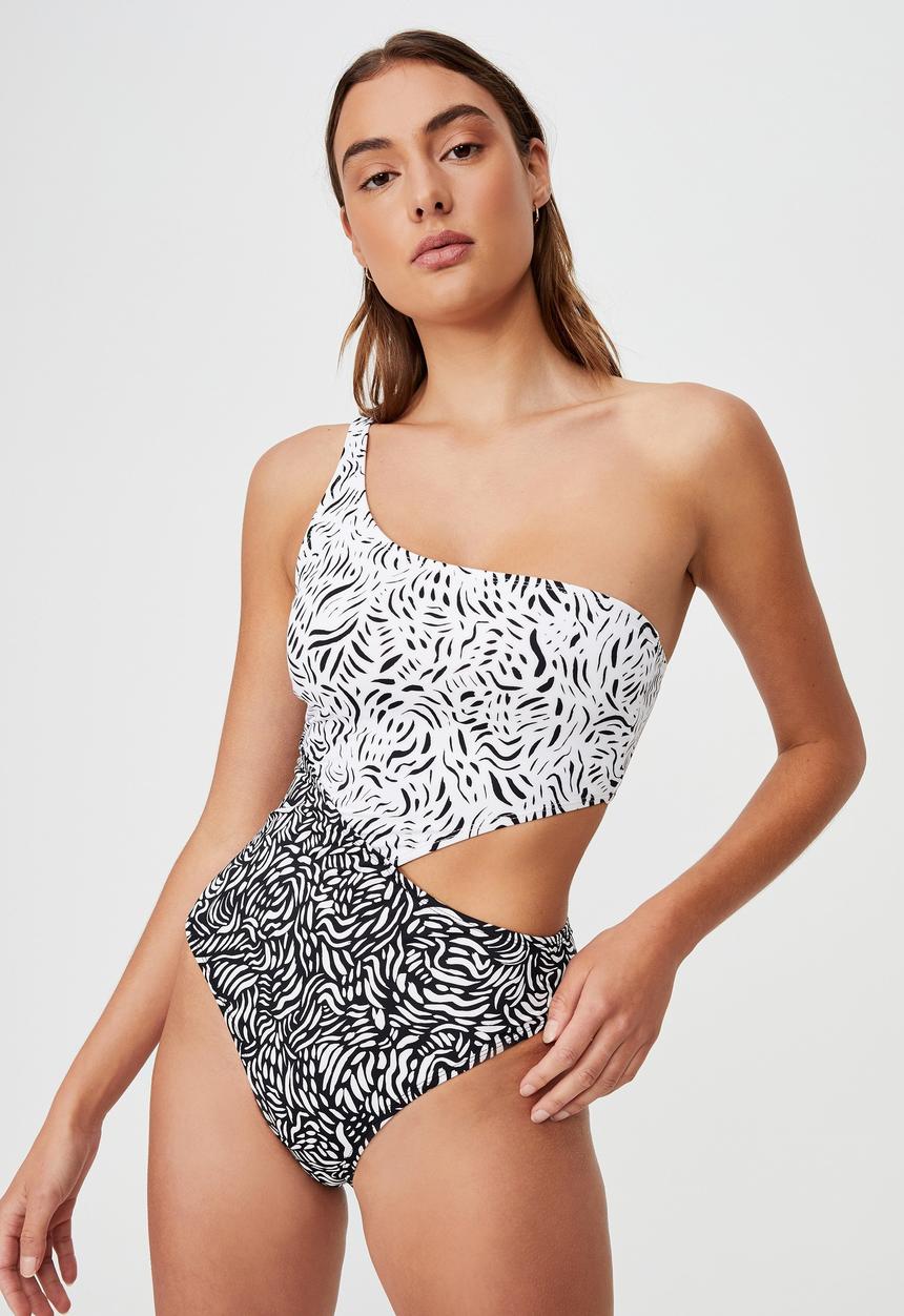 Cotton On - One shoulder one piece brazilian - wildest speckle white/black