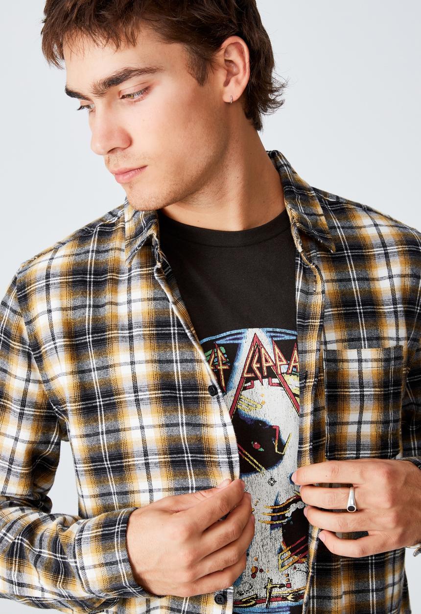Cotton On - Washed long sleeve check shirt - black & yellow 