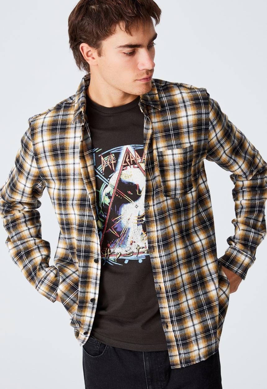 Cotton On - Washed long sleeve check shirt - black & yellow 