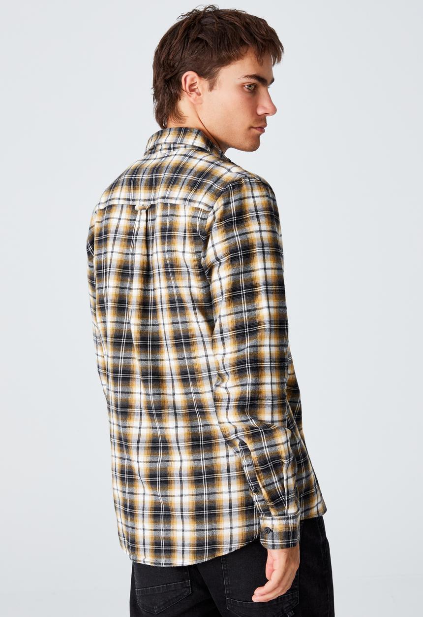 Cotton On - Washed long sleeve check shirt - black & yellow 