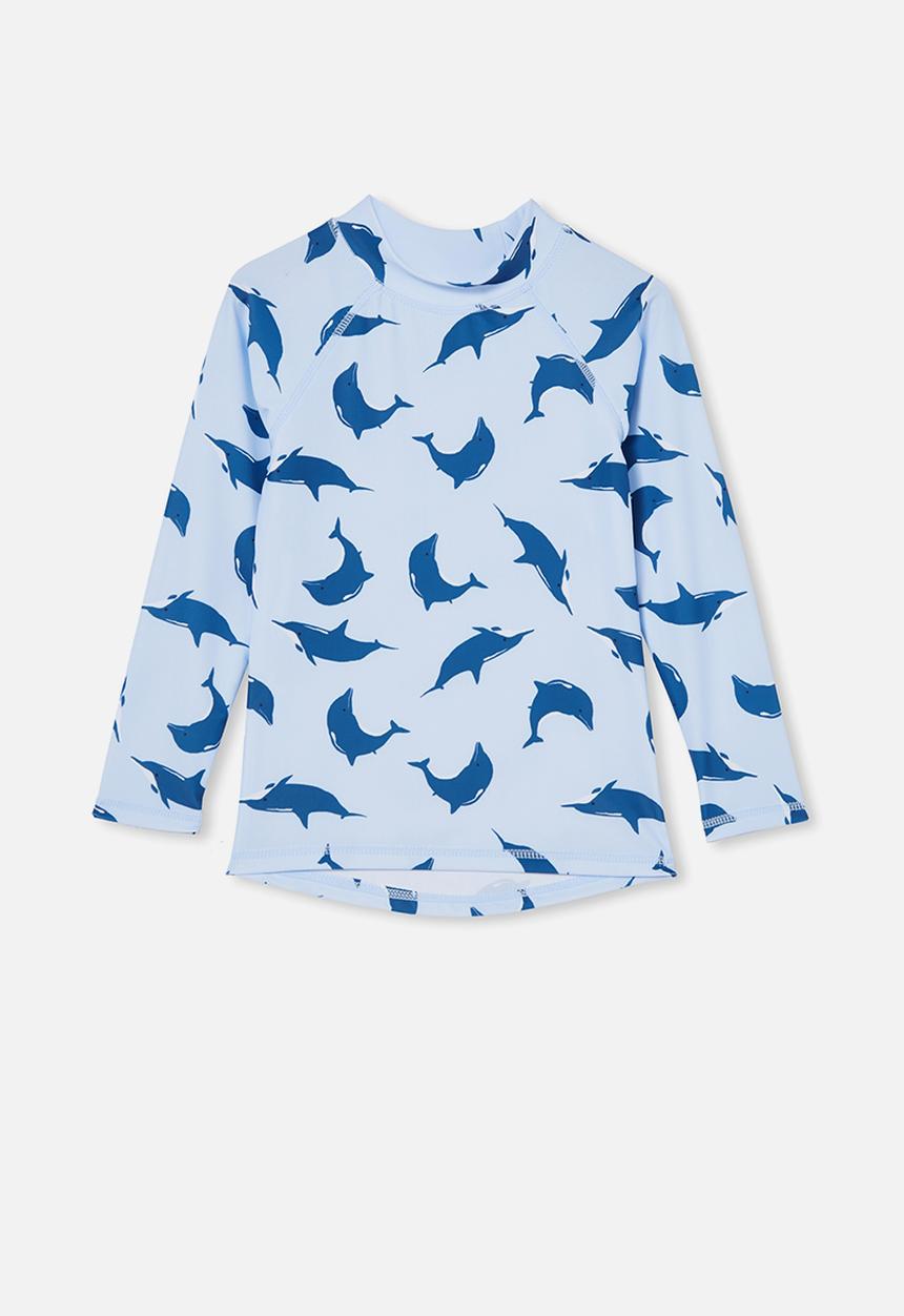 Cotton On - Flynn long sleeve raglan rash vest - white water blue/dolphin