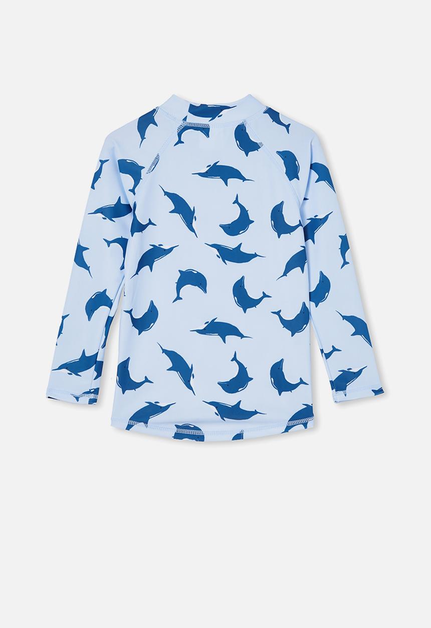 Cotton On - Flynn long sleeve raglan rash vest - white water blue/dolphin
