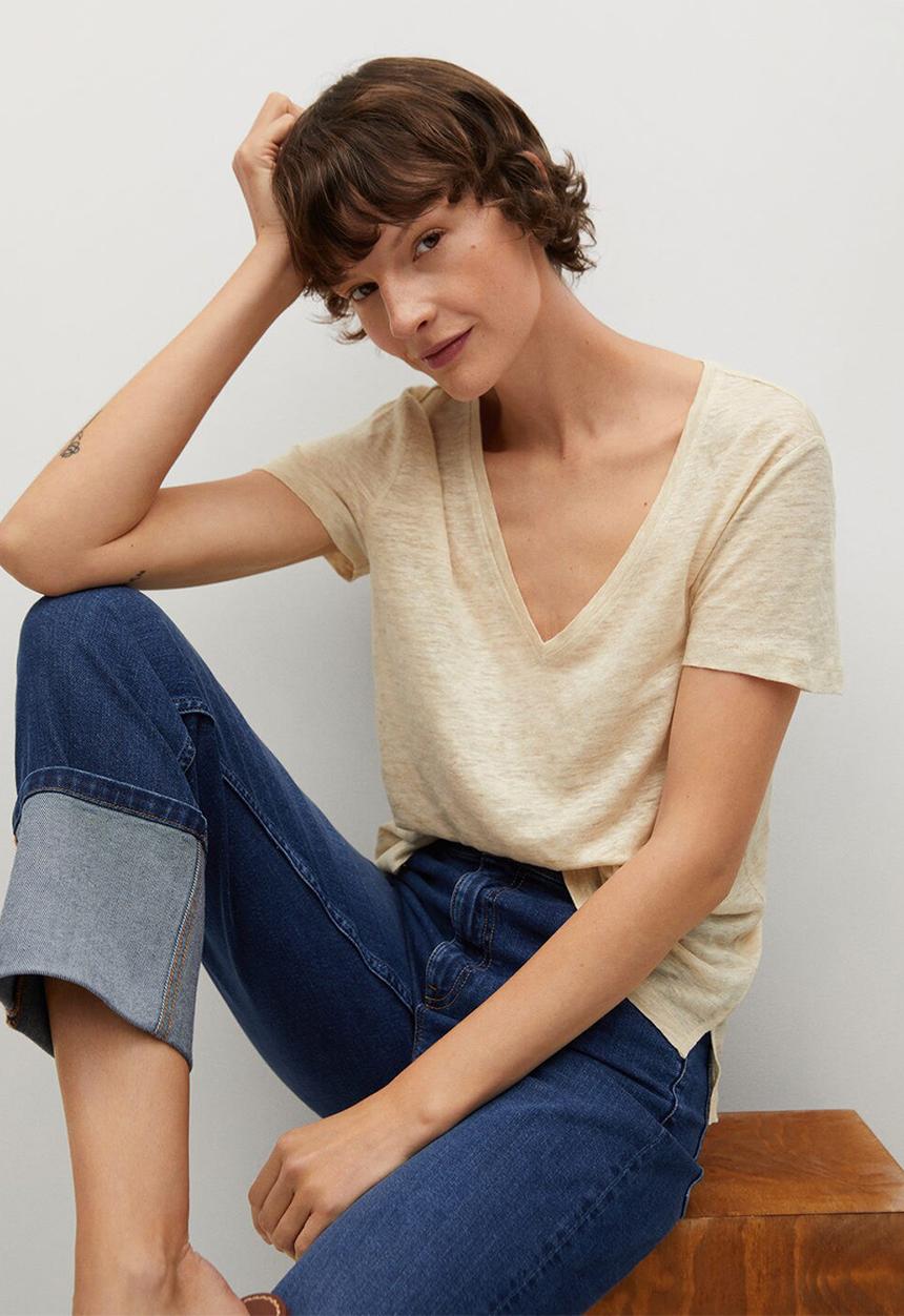 MANGO - T-shirt linito - light pastel brown