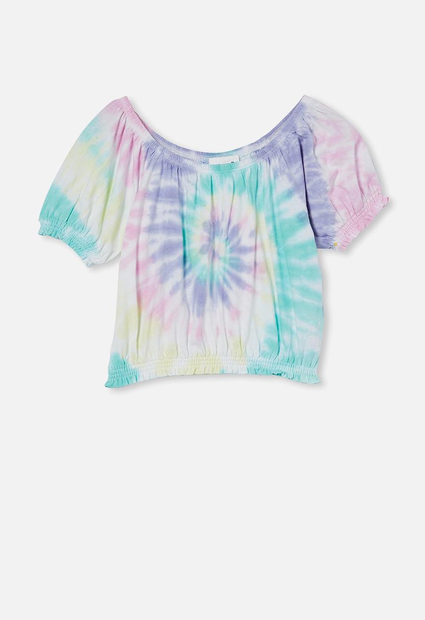 Cotton On - Daphne puff sleeve top - pastel spiral rainbow tie dye