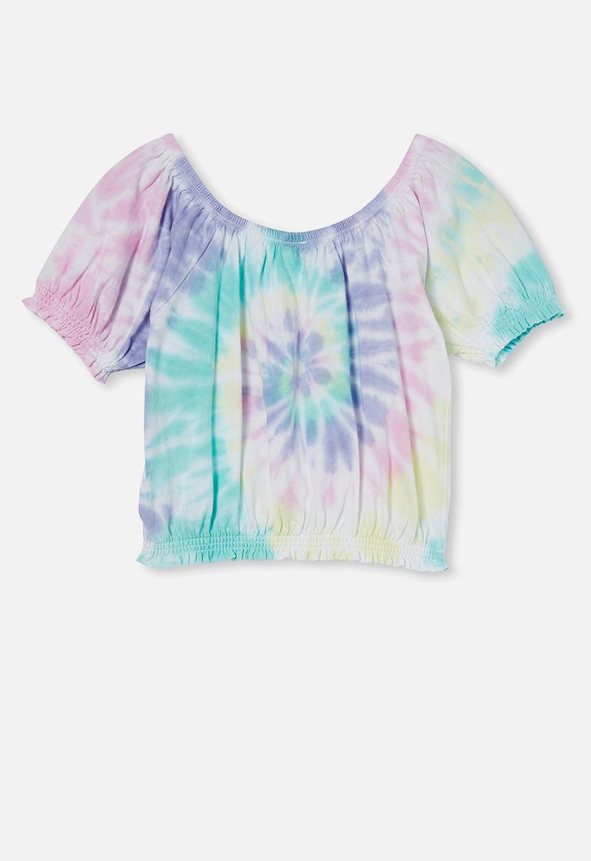 Cotton On - Daphne puff sleeve top - pastel spiral rainbow tie dye