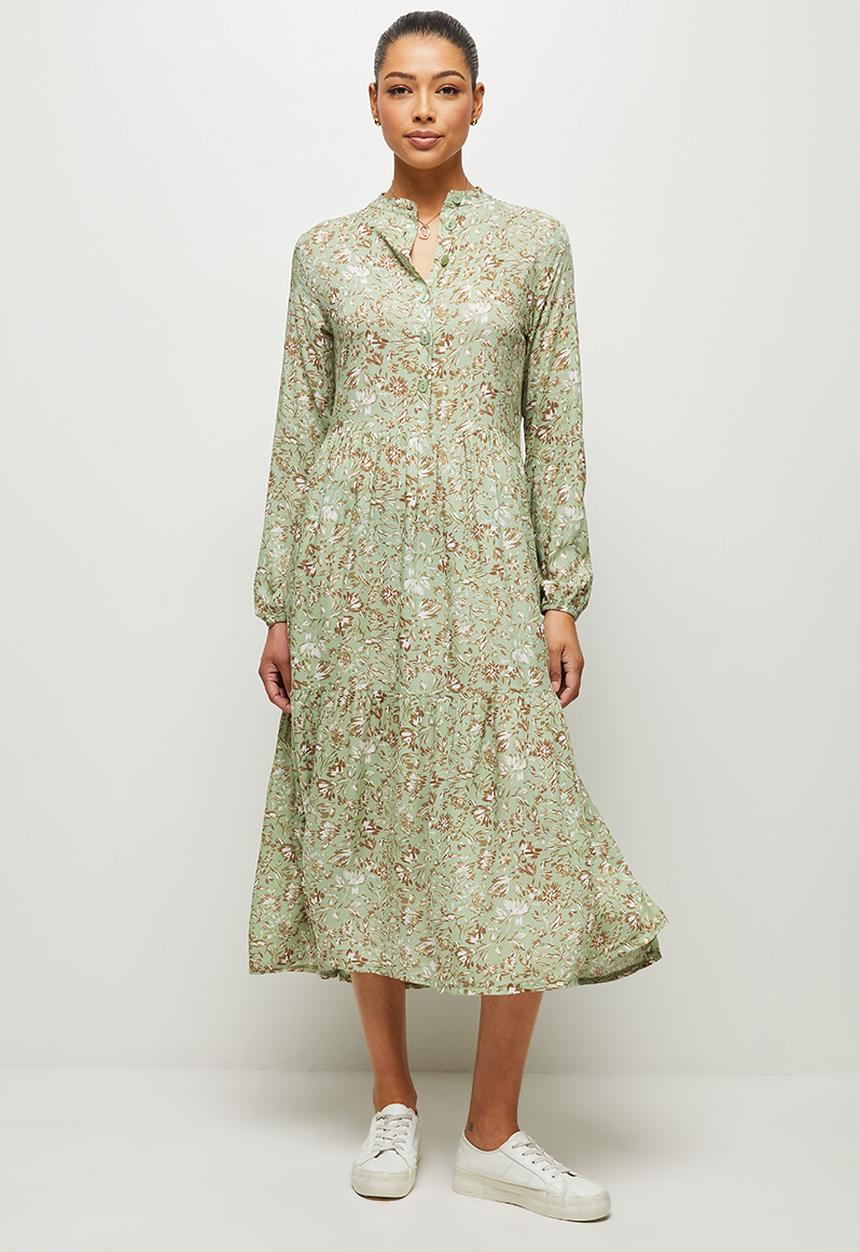 edit - Long sleeve mandarin collar tiered maxi - natural floral