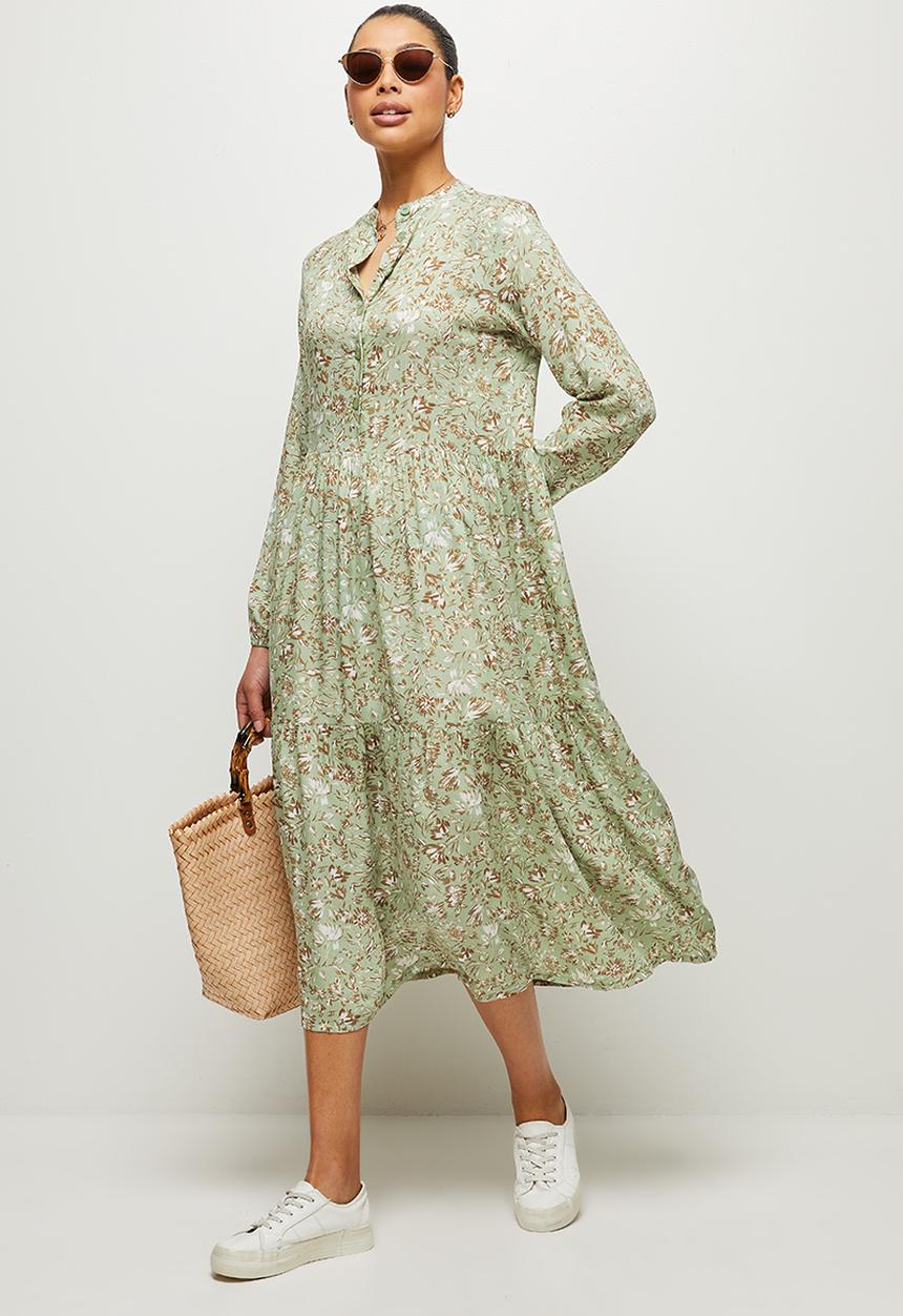 edit - Long sleeve mandarin collar tiered maxi - natural floral