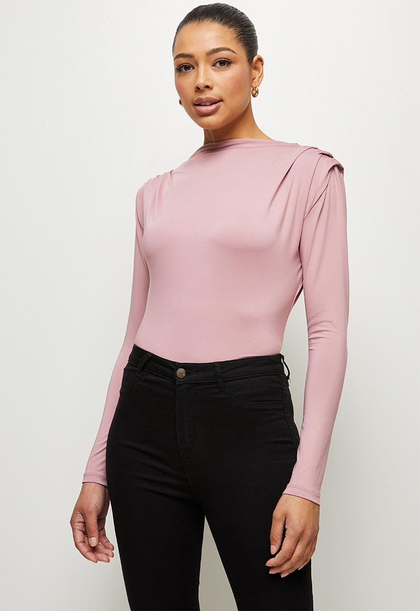 MILLA - Slinky knit bodysuit with shoulder tucks - mink