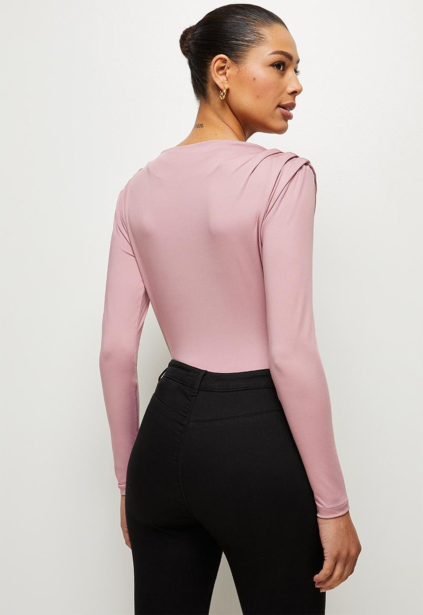 MILLA - Slinky knit bodysuit with shoulder tucks - mink