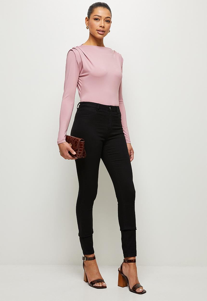 MILLA - Slinky knit bodysuit with shoulder tucks - mink