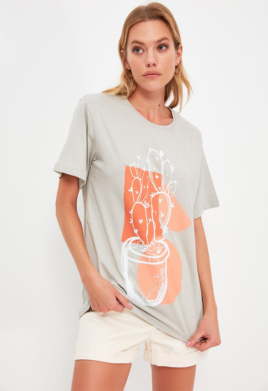 Trendyol - Printed knitted T-shirt dress - stone