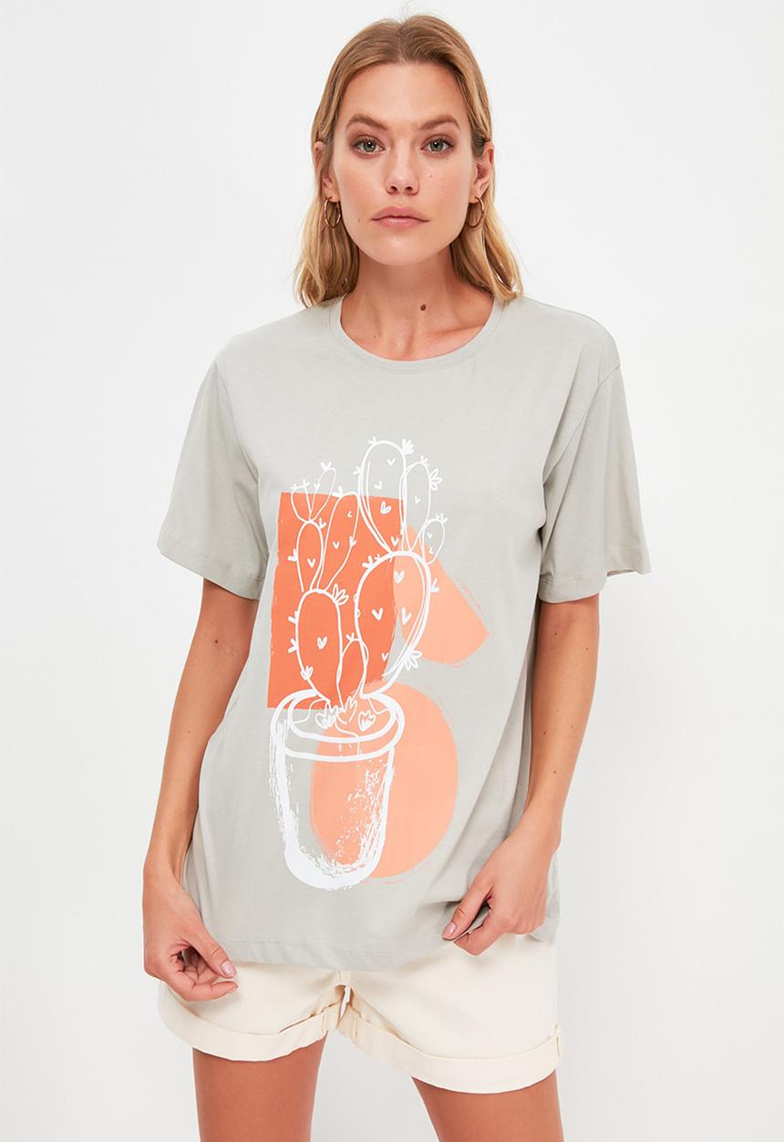 Trendyol - Printed knitted T-shirt dress - stone