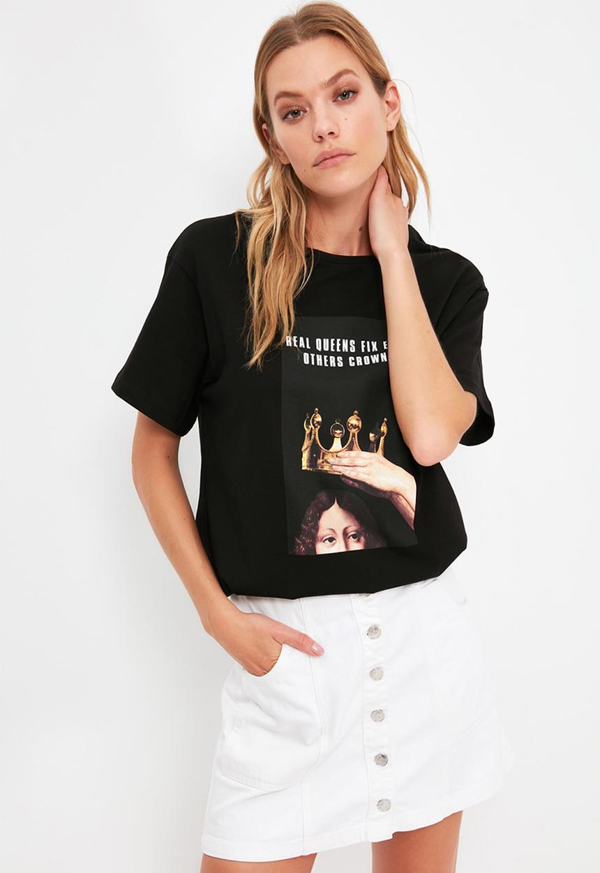 Trendyol - Boyfriend printed knitted T-shirt - black