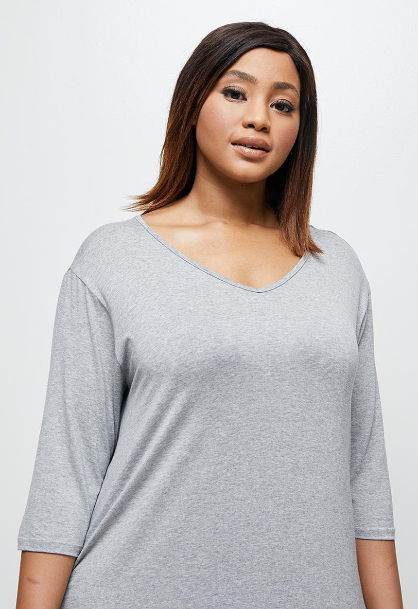 edit Plus - 3/4 Sleeve v-neck tee dress - grey melange