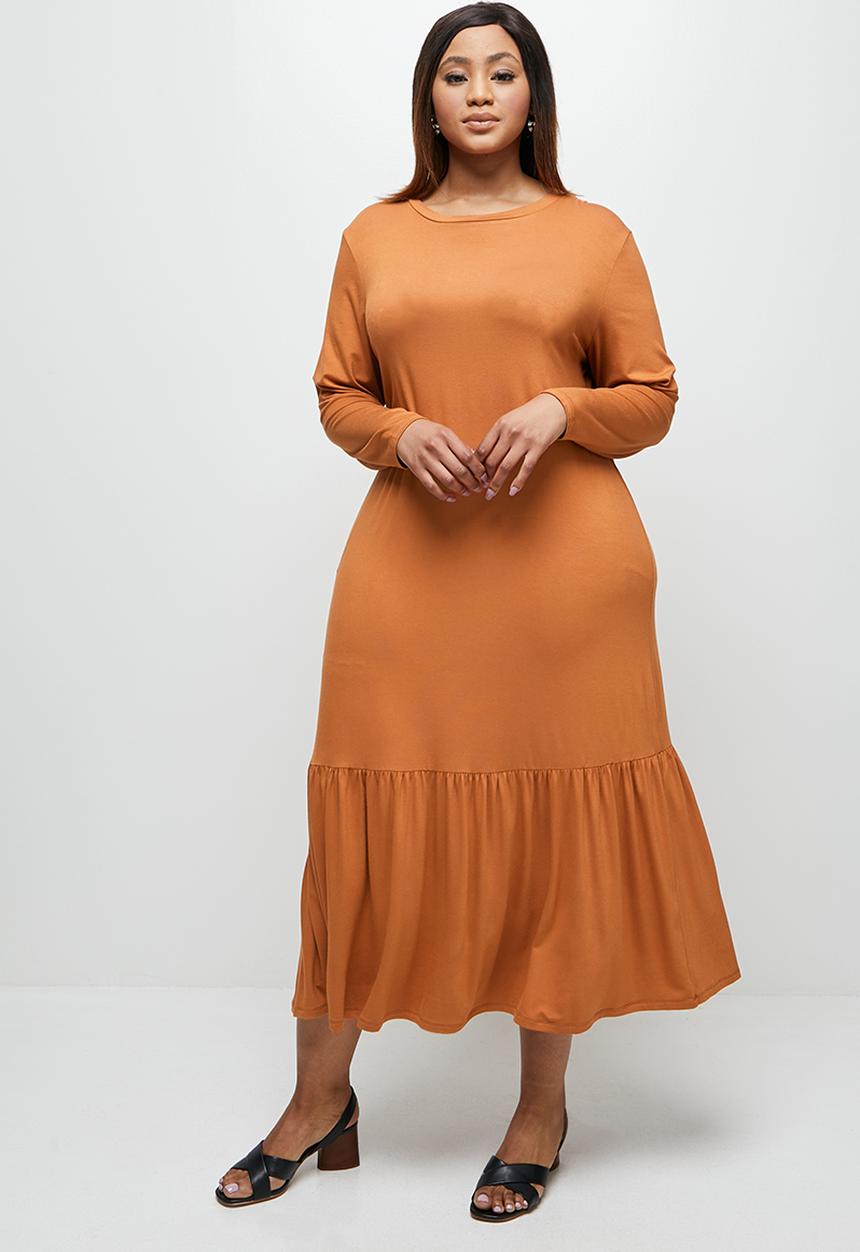 edit Plus - Conscious ballet sleeve scoop neck slit midi - terracotta