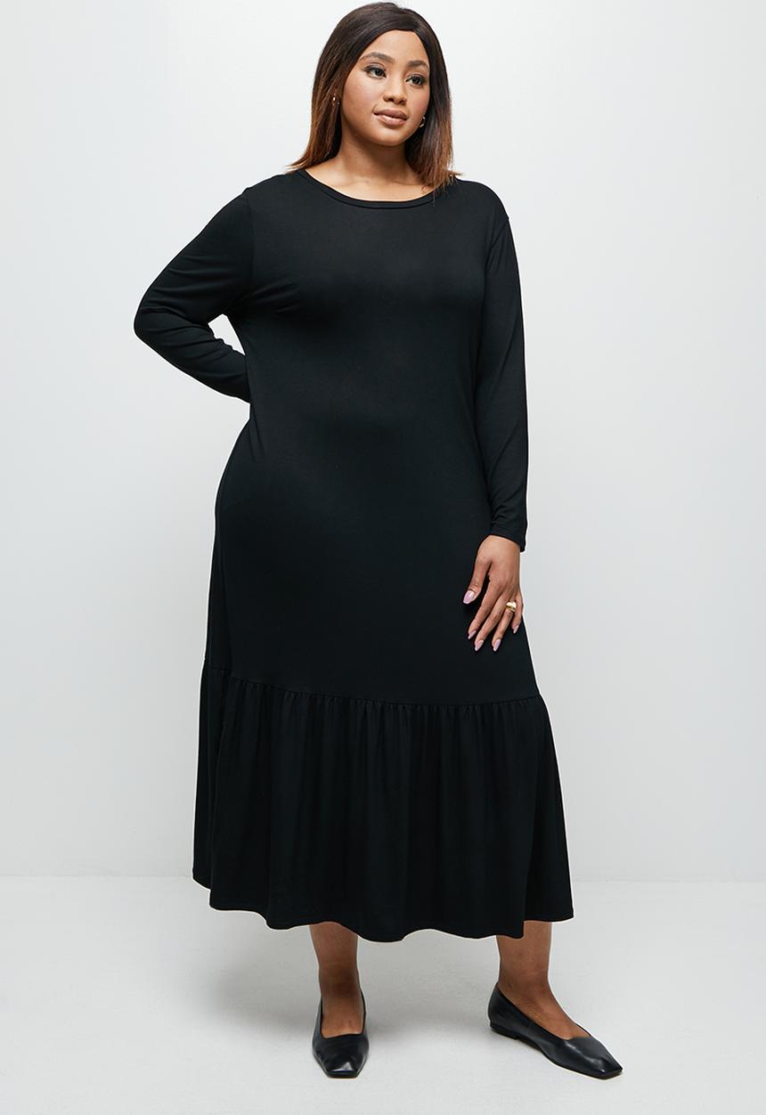 edit Plus - Conscious ballet sleeve scoop neck slit midi - black