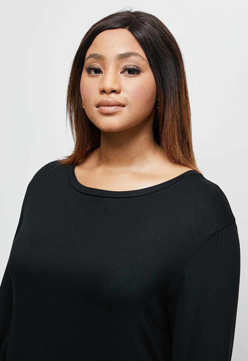 edit Plus - Conscious ballet sleeve scoop neck slit midi - black