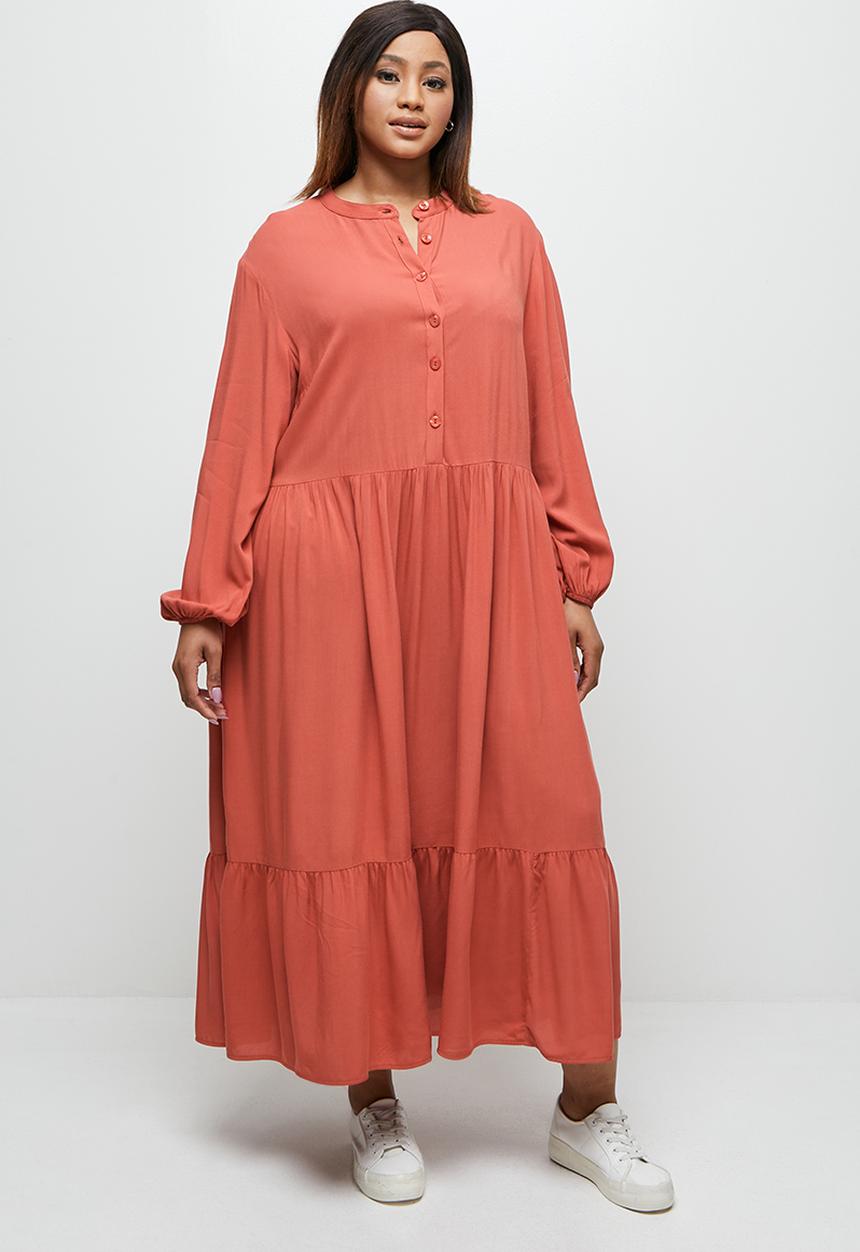 edit Plus - Cuff detail tiered maxi - tobacco
