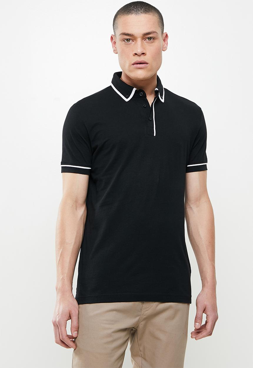 Brave Soul - Virgil 3 button piping detail polo - black