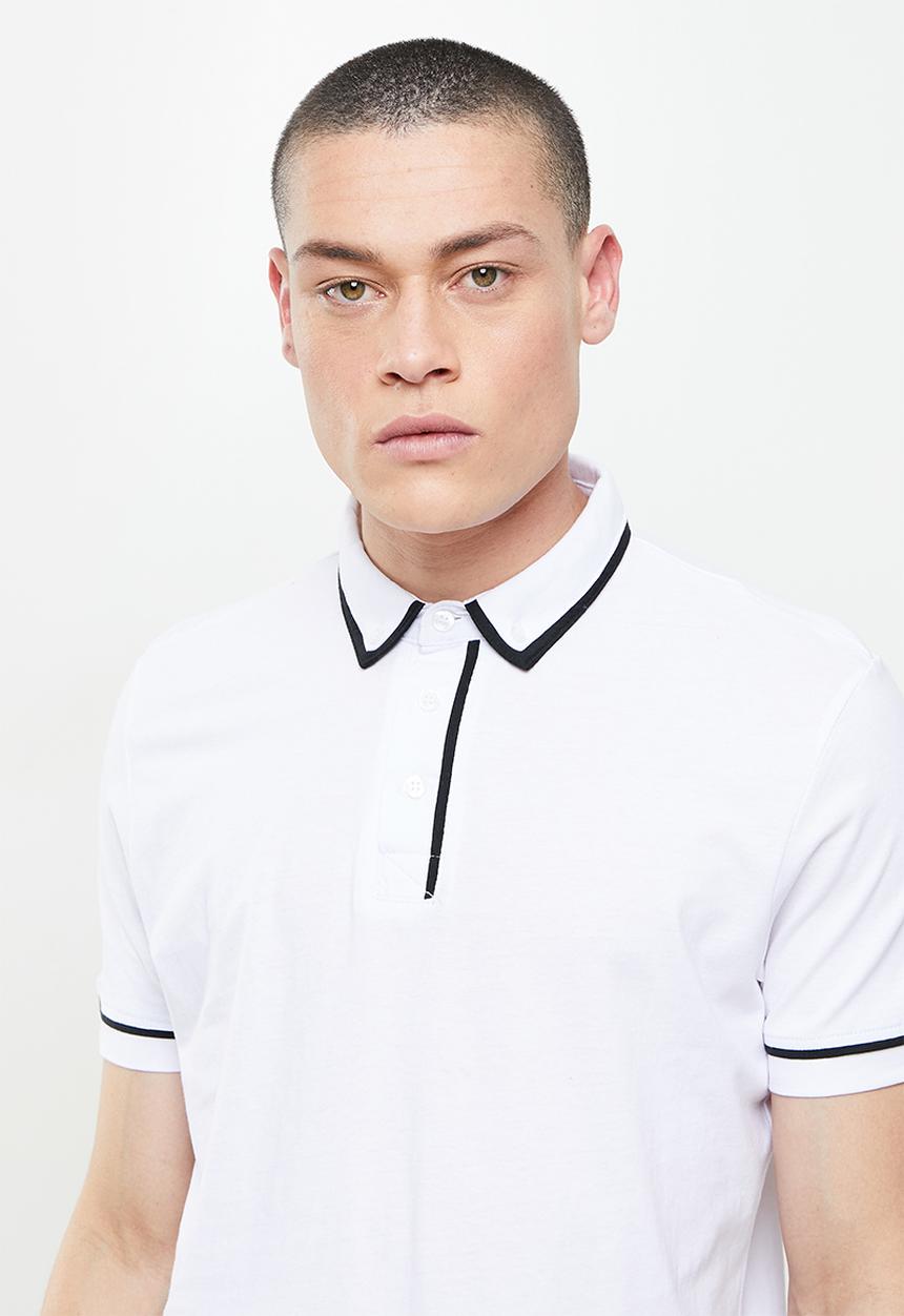 Brave Soul - Virgil 3 button piping detail polo - white