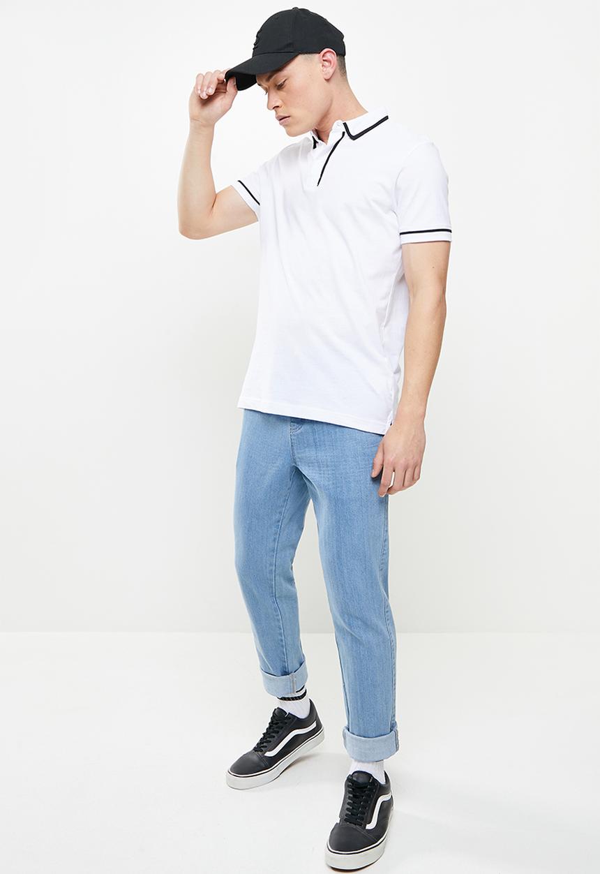 Brave Soul - Virgil 3 button piping detail polo - white