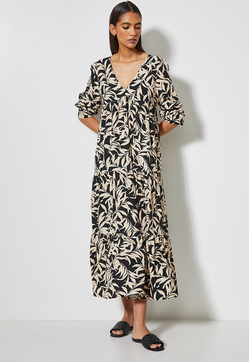 VELVET - Plunging empire cutline tiered maxi dress - black & brown 