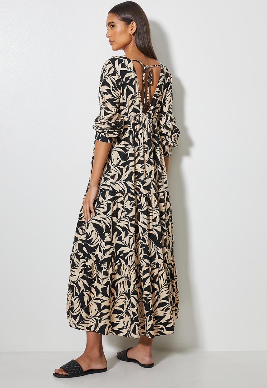 VELVET - Plunging empire cutline tiered maxi dress - black & brown 