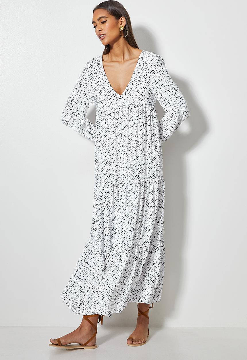 VELVET - Plunging emrpire cutline tiered mi daxi dress - white & black 