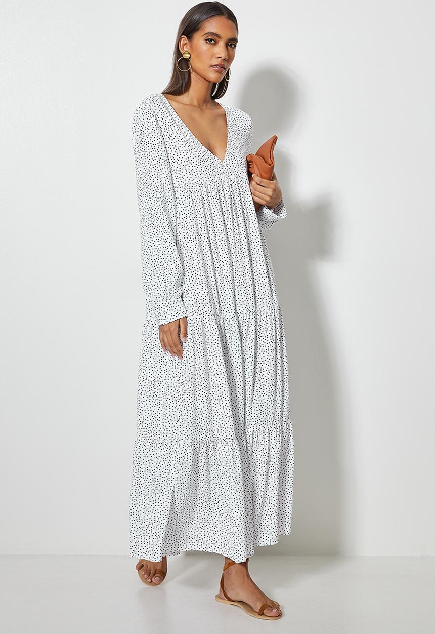 VELVET - Plunging emrpire cutline tiered mi daxi dress - white & black 
