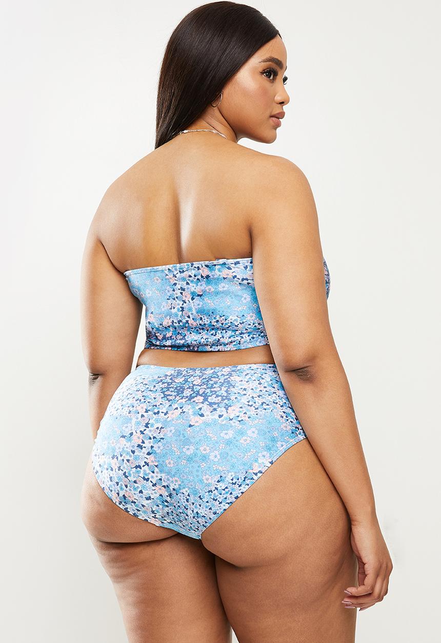Cotton On - Curve high waisted full bikini bottom - patchwork ditsy blue shimmer