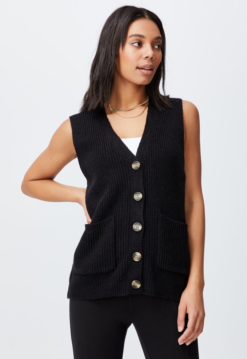 Cotton On - Cotton blend cottage rib pocket vest - black