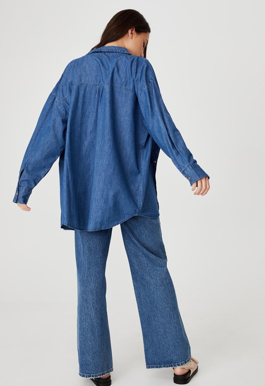 Cotton On - Lily frill collar long sleeve shirt - mid chambray blue